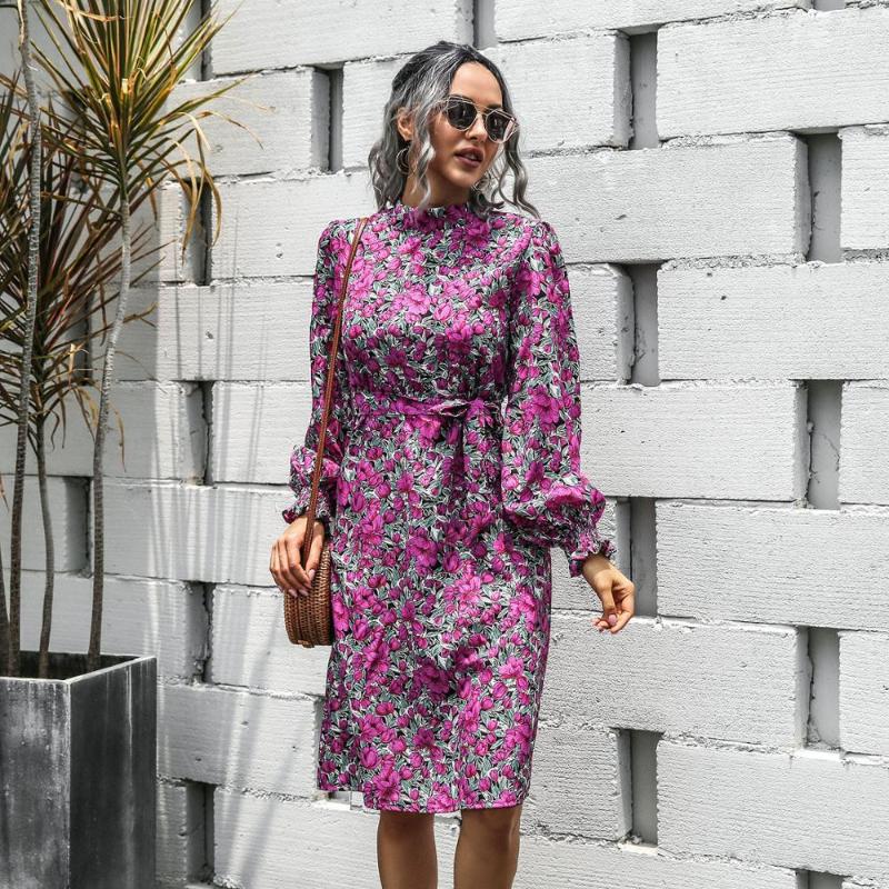 

Casual Dresses Dress Women Autumn And Winter Print Floral Slash Neck Sexy Long Party Beach Female Robes Lantern Sleeve C2278, Fuchsia