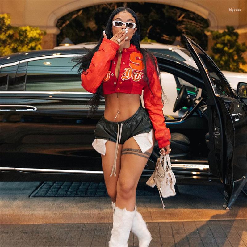 

Women' Jackets Letter Embroidery Women Jacket Red Button Up Crop Coat 2023 Autumn Winter Fleece Inner High Street Outwear Hip Hops
