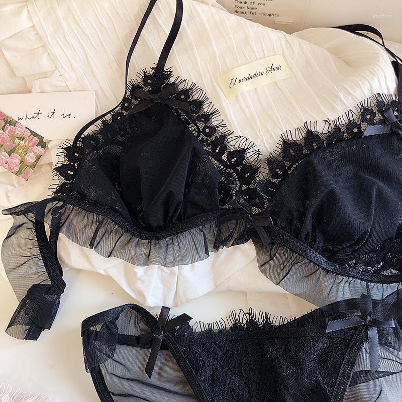 

Bras Sets Sexy Brassire Japanese Eyelashes Lace No Steel Ring Triangle Cup Underwear Set Mesh Ultra-thin Bra And Panty, As photo showes