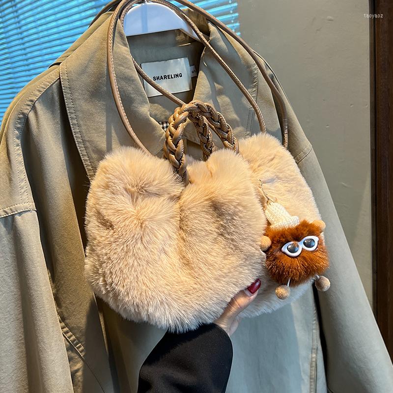 

Evening Bags Cute Weave Top Handle Tote For Women 2023 Winter Trend Designer Fashion Shoulder Small Soft Faux Fur Kawaii Handbags Purses, Beige