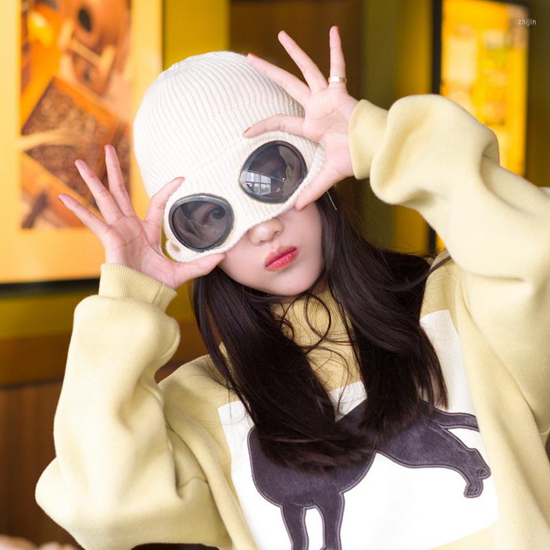 

Berets Women's Winter Knitted Hat With Glasses 2023 Fashion Unisex Windproof Plus Velvet Thicken Warm Beanie Sports Head Ski Caps, White