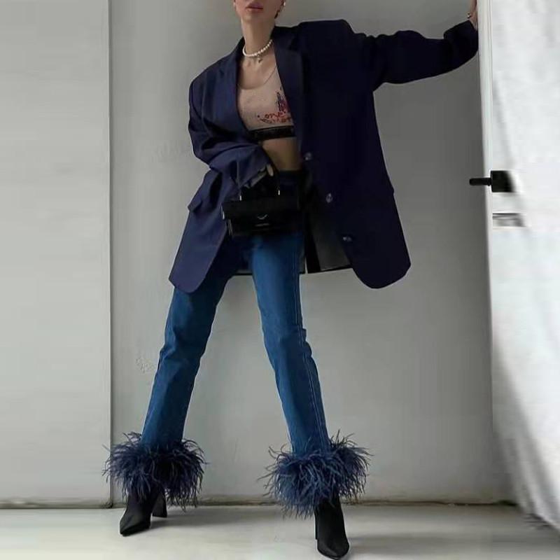 

Women' Jeans 2023 Fashion Skinny Pencil Feather Patchwork High Waist Stretch Sexy Stylish Trousers Female Adults Streetwear, Black