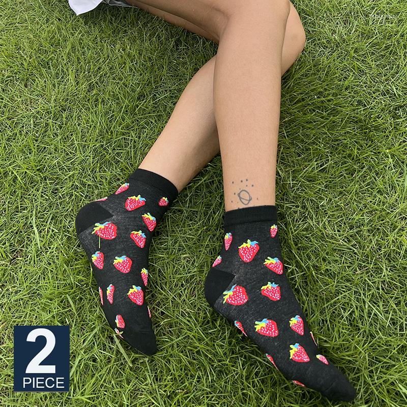 

Women Socks FINETOO 2Pairs/Lot Cotton Japanese Creative Funny Fruit Strawberry Happy Cute Sock Short Tube Cartoon Snacks, Set 2