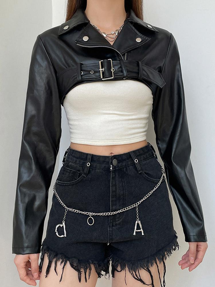 

Women' Jackets Y2K PU Leather Cropped Black Bandage Biker Moto Coat Women Vintage Streetwear Outwear Punk Goth Outfits