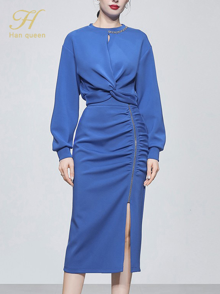 

Two Piece Dress H Han Queen Autumn Woman 2 Pieces Set Knotted Loose Cropped Sweatshirt Vintage Split Pencil Skirt Korean Simple Suit 230202, Blue