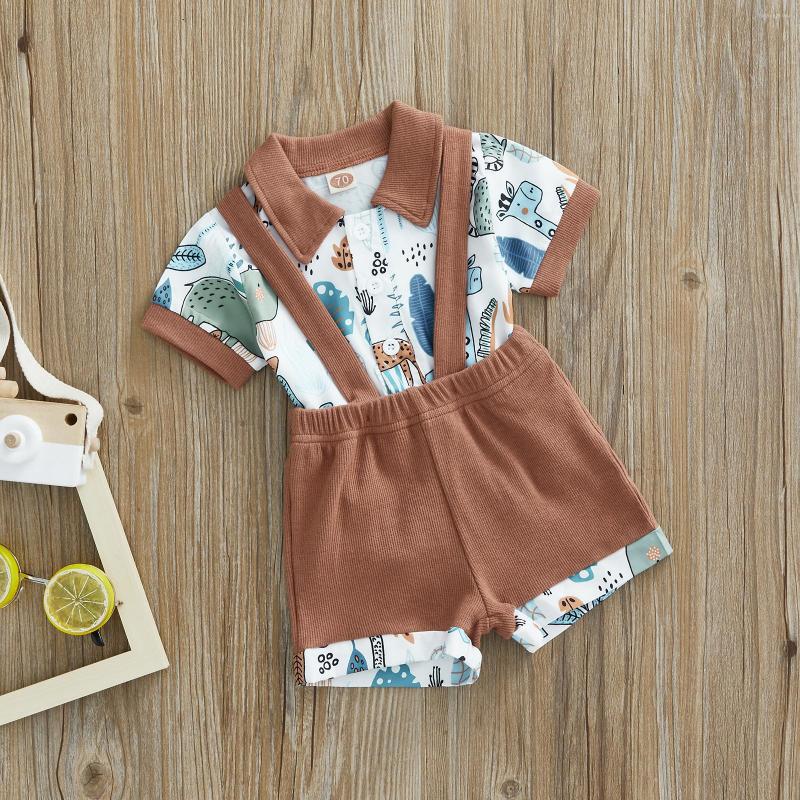 

Clothing Sets 2 Pieces Baby Boys Outfit Cartoon Print Lapel Short Sleeve Shirt Suspenders Pants For Toddlers 3-18 Months, Picture shown