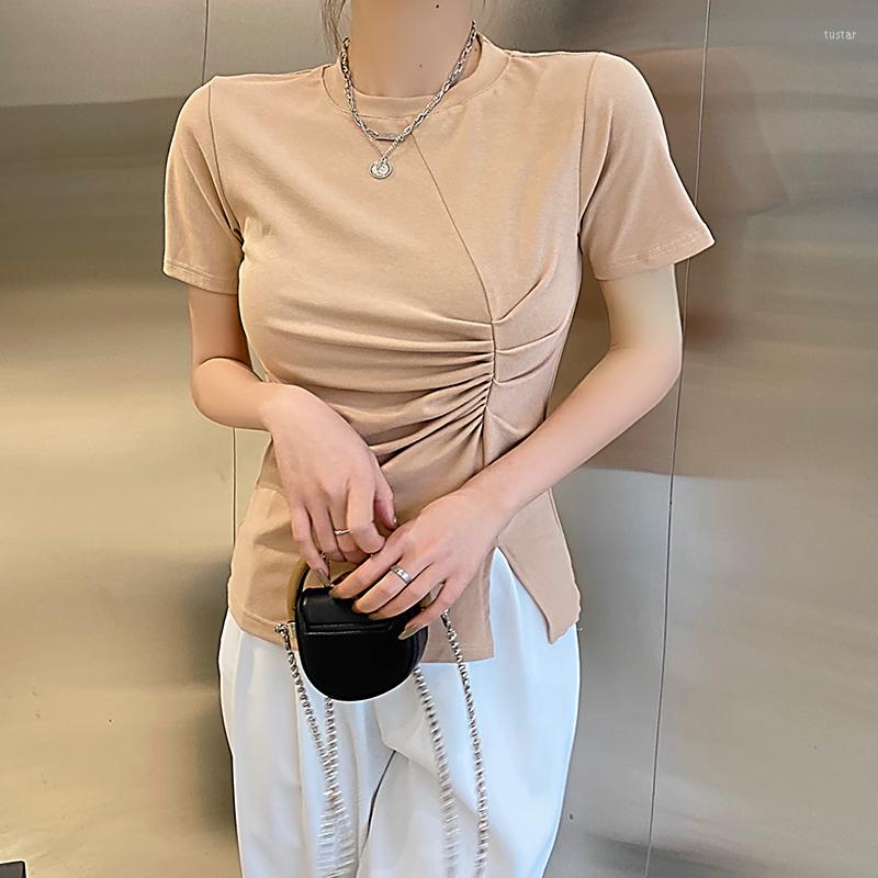 

Women' T Shirts Chic Folds Split Women Short Sleeve Shirt 2023 Summer Casual Round Neck Slim Elastic Tees Tops Ladies Fashion Top, Black