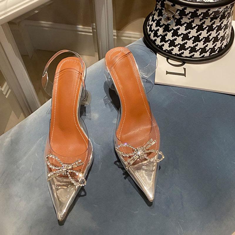 

Dress Shoes Transparent PVC Sandals Women Pointed Toe Crystal Bowtie High Heels Sexy Wedding Pumps Summer Stiletto Bridal, Silver