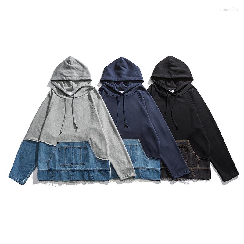 

Men's Hoodies Patchwork Hooded Denim Hip Hop Autumn Block Hit Color Sweatshirts Men Pullover Loose Top Burrs Drawstring Streetwear, Black