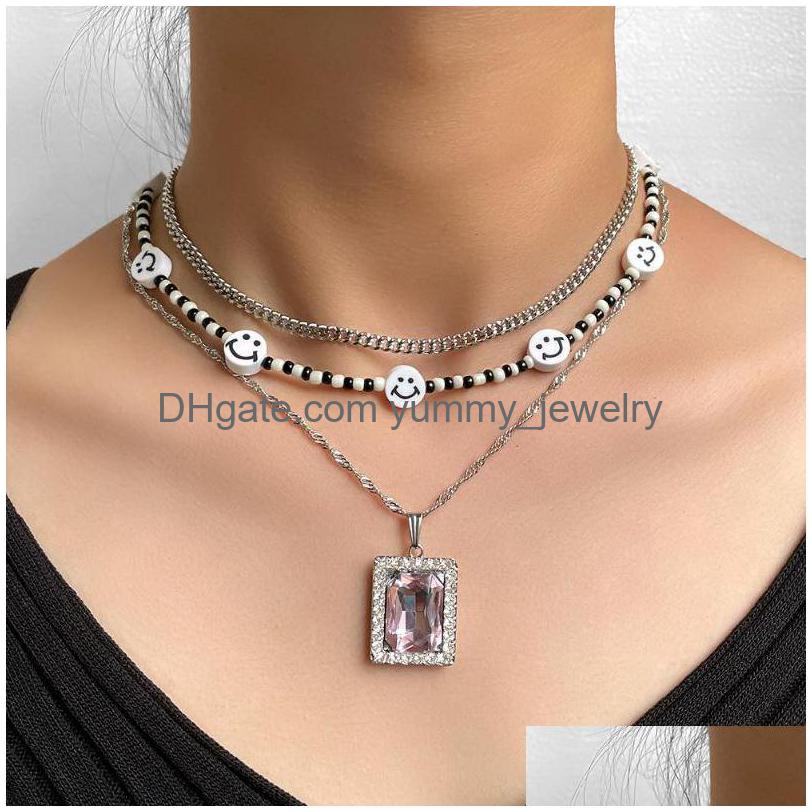 

Pendant Necklaces Bohemian National Style Mtilayer Stacked Necklace Fashion Trend Hip Hop Square Rhinestone Sweater Chainpendant Dro Dhpkb