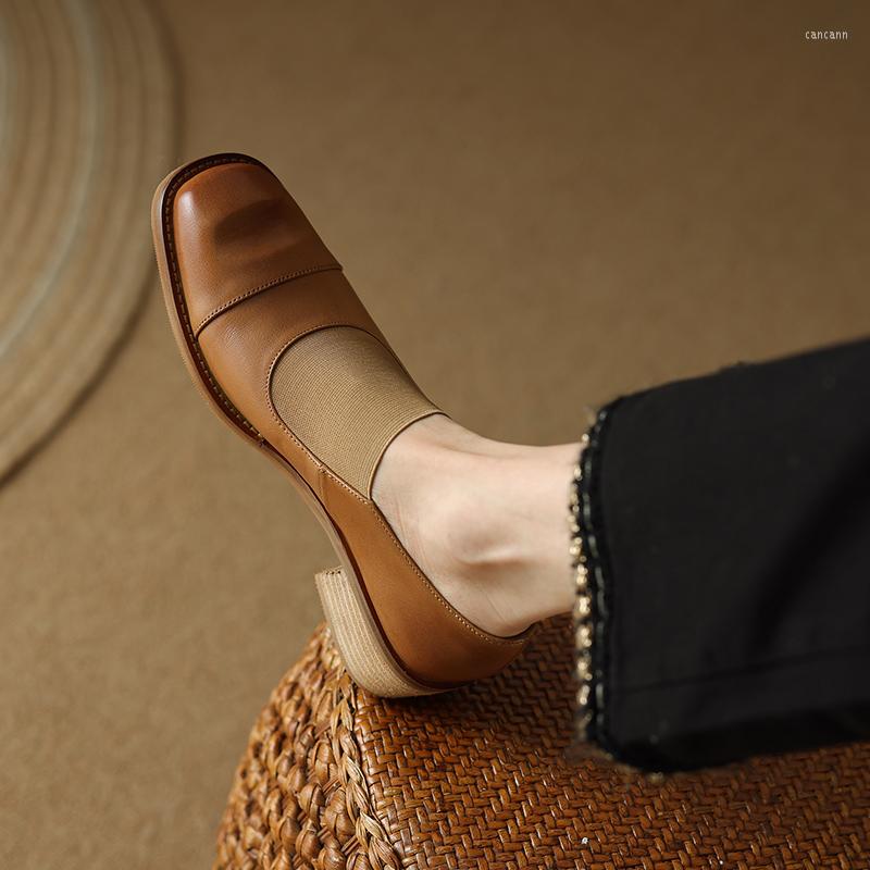 

Dress Shoes 2023 Spring Women Pumps Natural Leather 22-24.5cm Cowhide Pigskin Full Square Toe Thick-heeled Loafers Stretch Cloth, Black