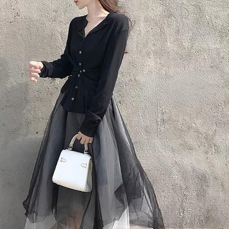 

Skirts Black And White Irregular Skirt High Grade A-line Yarn Princess Versatile Large Hem Poncho Dress Pure Desire