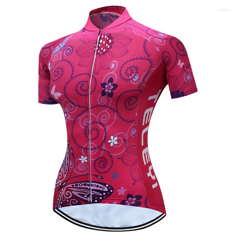 

Racing Jackets TELEYI Summer Women's Short Sleeve Cycling Jersey Made With Coolmax Fabric Pink Butterfly