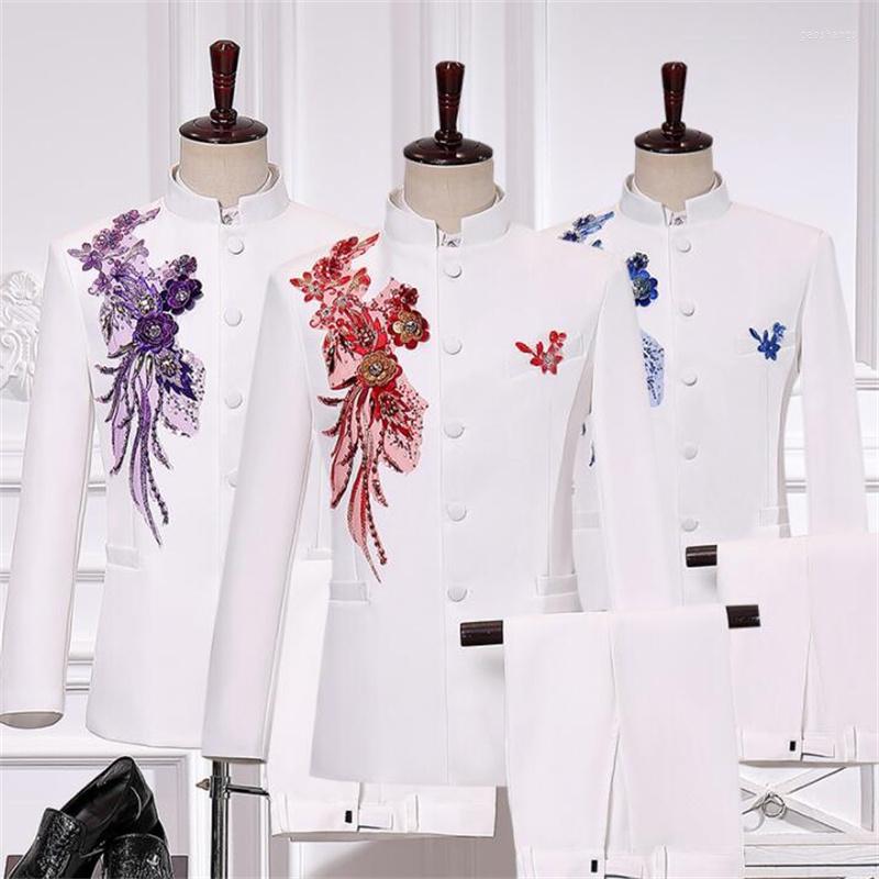 

Men' Suits Sequins Blazer Men Chinese Tunic Suit Set With Pants Mens Wedding Singer Stand Collar White Stage Cloth Formal Dress B347, Blue