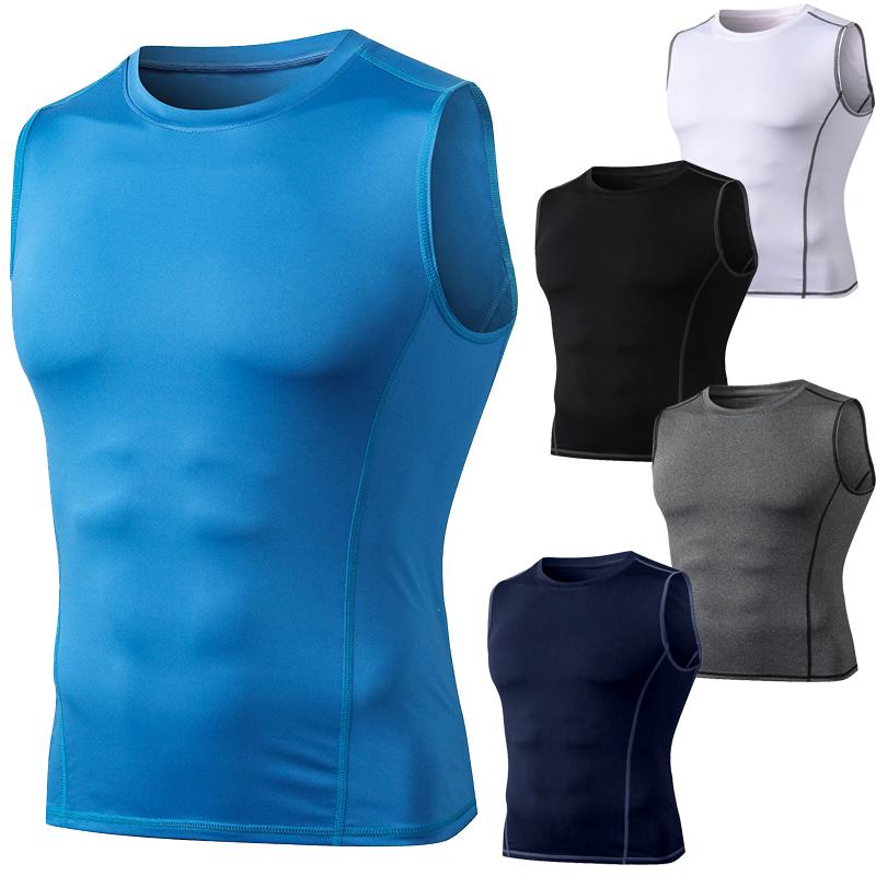 

Running Jerseys Summer Mens Compression Quick Dry Tights Tank Tops Fitness Gym Sports T-Shirts Male Slimming Body Shaper Elastic Round Neck, Navy