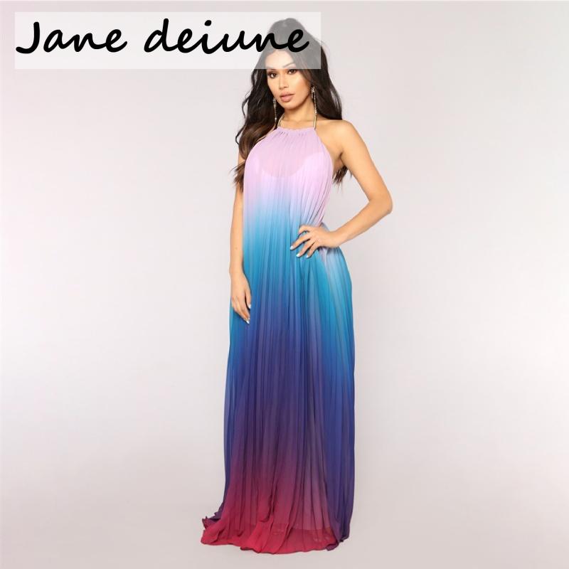 

Casual Dresses 2023 Elagant Party Maxi Long Dress Women Backless Sleeveless Embroidery Halter Gradient Boho Bridesmaids Robe, Blue