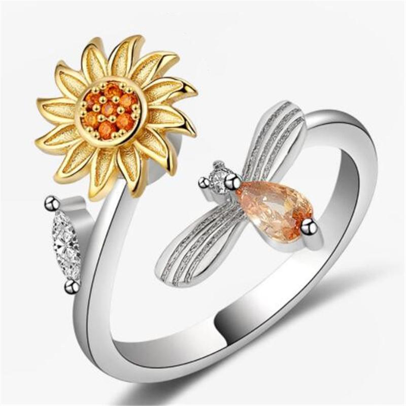 

Cluster Rings Creative Rotatable Sunflower Bee Crystal Party Silver Color Women's Accessories Adjustable Open Finger JewelryCluster Clus