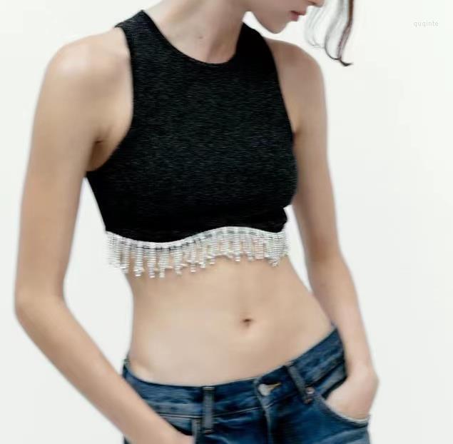 

Women' Tanks Women Rhinestone Tassel Crop Top Vintage Solid O-Neck Sleeveless Knit Tank Tops 2023 Spring Fashion Female Short Clothes, Black