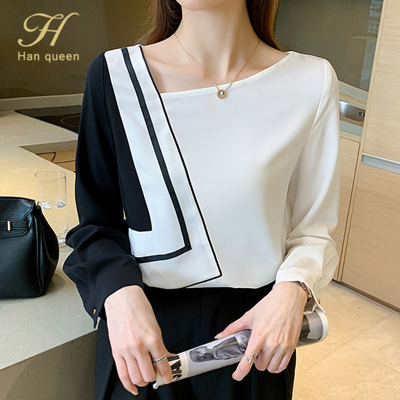 

Women's Blouses Shirts H Han Queen Vintage Print Office Lady Blouse Female Shirt Color Matching Tops Long Sleeve Casual Korean Women Loose Blouses 230203, Multi