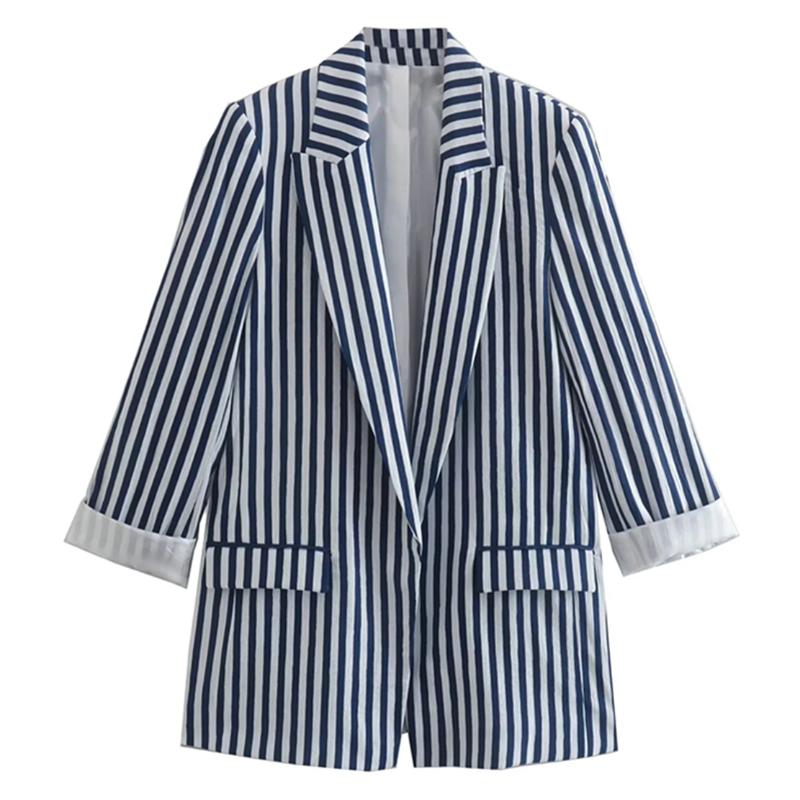 

Women's Suits & Blazers Withered 2023 England Style Fashion Simple Blue Striped Loose Roll Up Sleeve Casual Women JacketWomen's