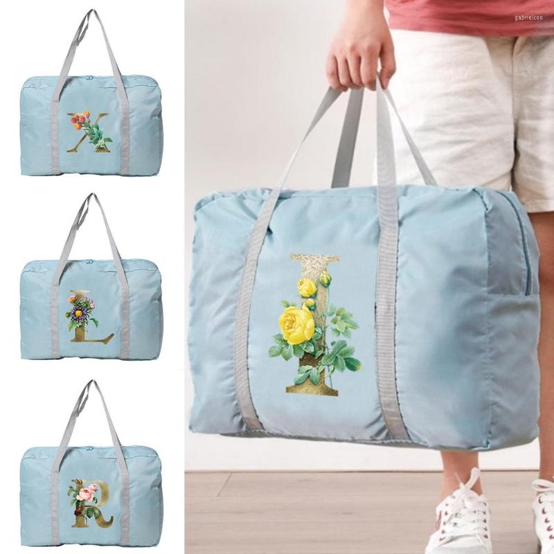 

Duffel Bags Travel Duffle Bag Large Capacity Unisex Weekend Organizer Foldable Clothes Storage Handbags Golden-flower Lettern Pattern, Light blue