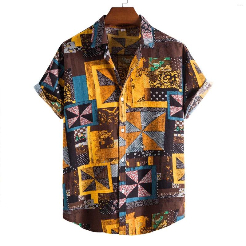 

Men's Casual Shirts Printed Short Blouse Men's Top Sleeve Summer Men Retro Social Dress Shirt Business Beachwear, Yellow