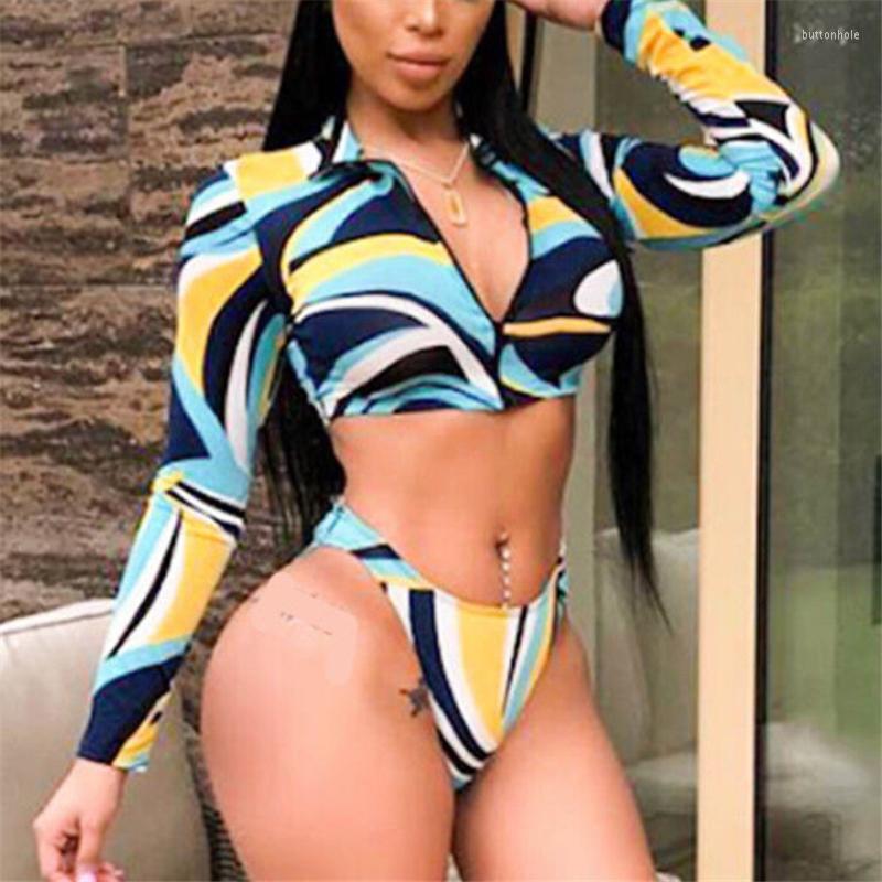 

Women' Swimwear Bikini 2023 Women Beachwear Floral Print Long Sleeve Swimsuit Sexy Zipper Brazilian Bathing Suit, As photo shows