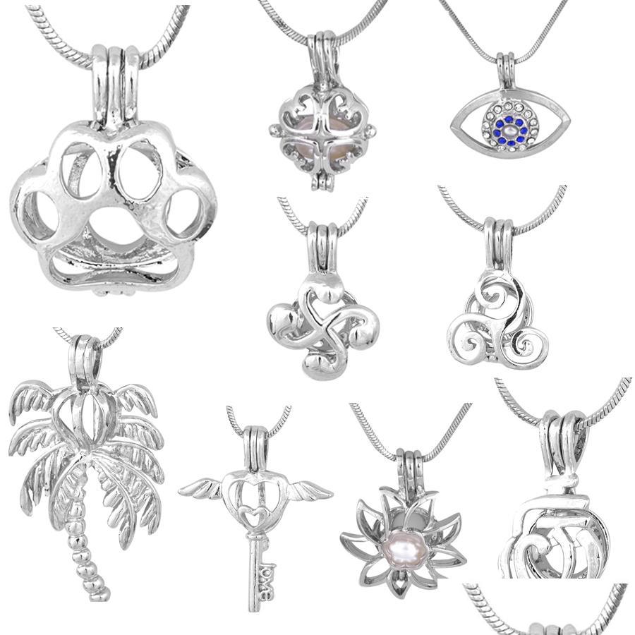 

Pendant Necklaces New Fashion Sier Locket Cage Palm Tree/Angel Key/Beard/Coop/Sunflower Pearl Hollow Mountings Wholesale 20 Pcs/Lot Dh1Kv