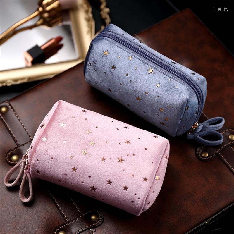

Cosmetic Bags Large Capacity Toiletry Flannel Star Makeup Organizer Bag For Lady Soft Portable Travel Lipstick Storage, Blue