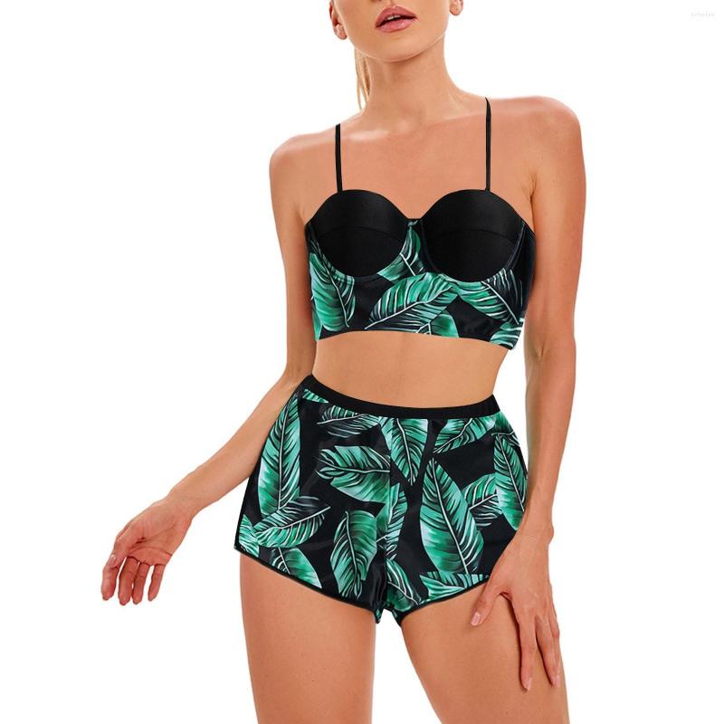 

Women' Swimwear Women' Solid Color Split Steel Support Hard Wrapped Bathing Suit Leaf Print Junior Swim Suits Curvy Women, Green