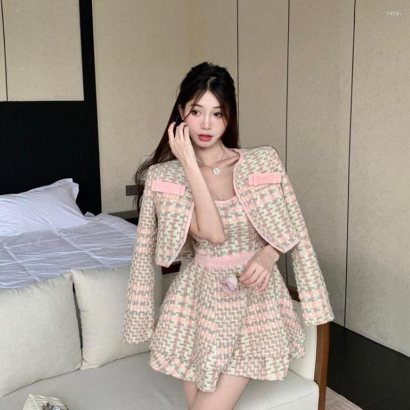 

Work Dresses High Quality -4XL Tweed Jacket Dress Two Piece Set Women Cropped Jackets Coat Sexy Spaghetti Straps Korean Sweet Suits, Only suspender skirt