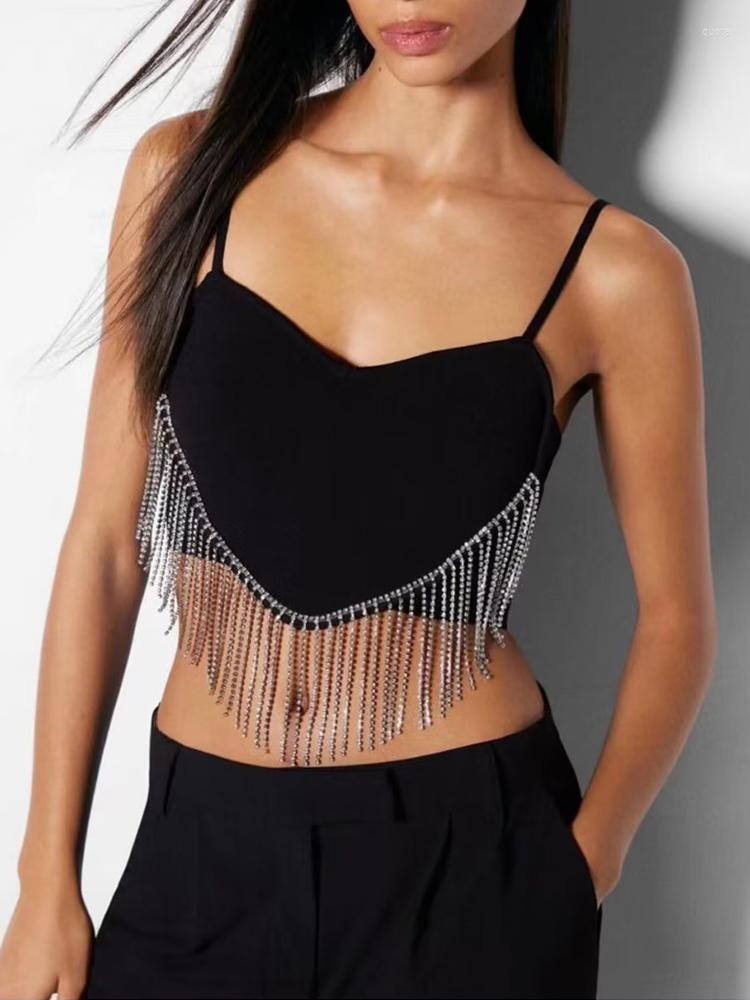 

Women' Tanks Sexy Beaded Tassels Backless Tops Women Solid Sleeveless Camisole Crop Top Spring Summer Causal Female Party Outfits, Black