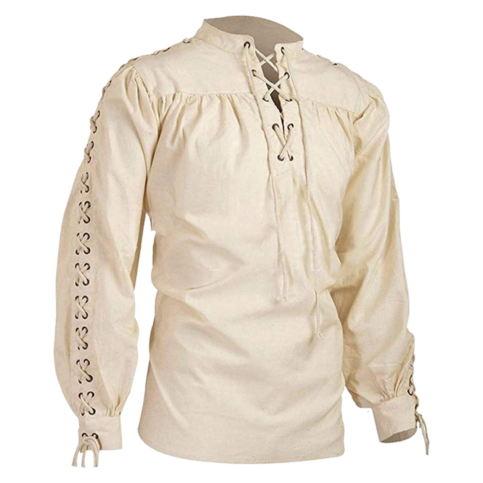 

Men's Casual Shirts Medieval Men Tunic Viking Pirate Costume Gothic Grooms Vintage Top Ruffle Sleeve Neckline Drawstring Knight Cosplay 230202, Khaki