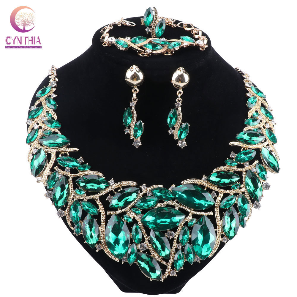 

Wedding Jewelry Sets CYNTHIA Luxury Green Colour Crystal Necklace Earrings Party Accessories Indian Bridal Costume Jewellery 230203