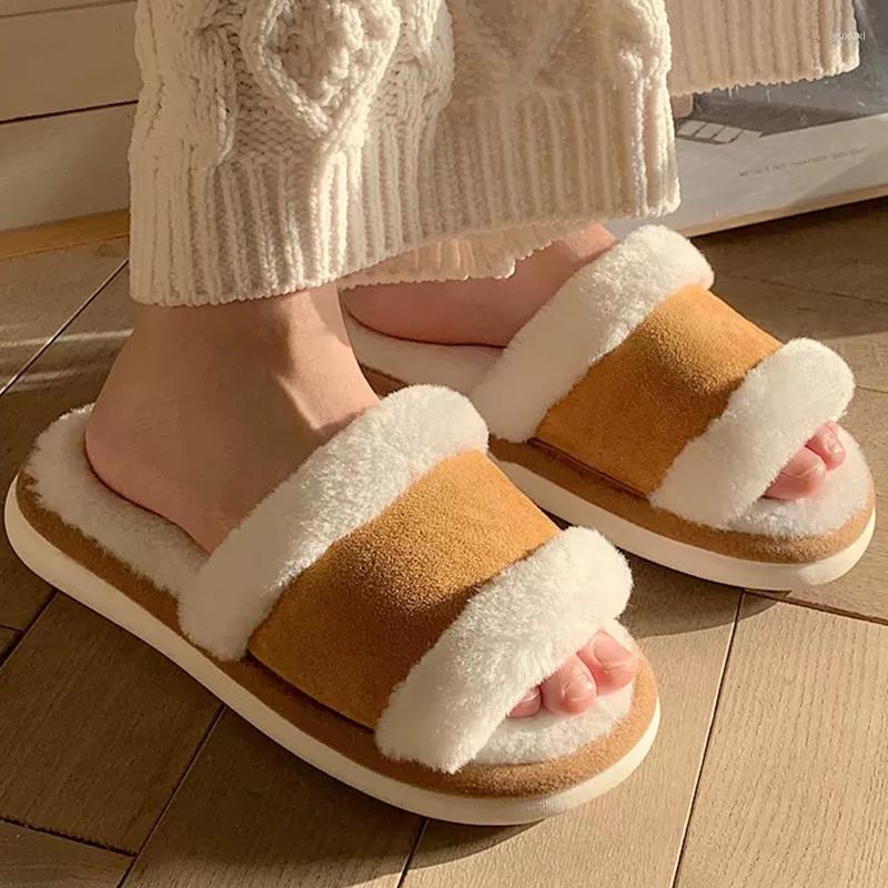

Slippers Winter Women's Retro Style Platform Solid Open Toes Couple Home Cotton Shoes Warm Plush Brand, Brown