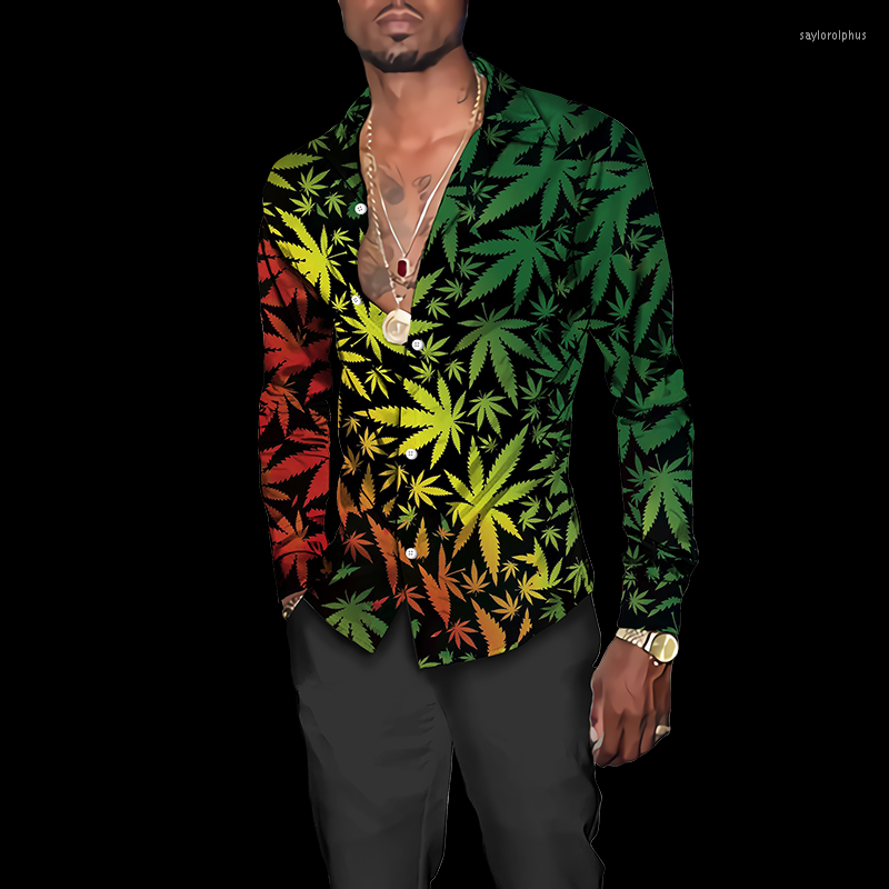 

Men' Casual Shirts Spring Autumn Fashion Men' Social Turn-down Collar Buttoned Shirt Leaf Print Long Sleeve Tops Mens Clothing -5XL, Yno