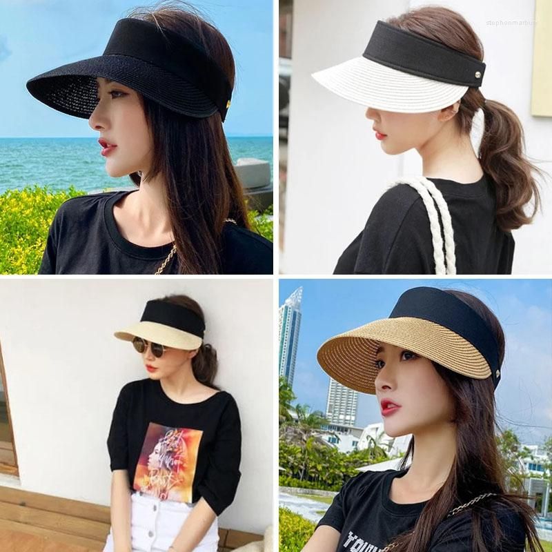 

Wide Brim Hats Magic Tape Panama Women Straw Hat Empty Top 2023 Women's Summer, Navy blue