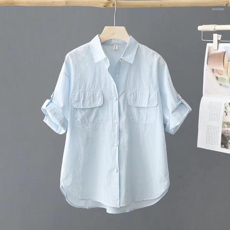 

Women's Blouses Summer Korean Style Solid Cotton Chic Women's Shirt Casual Loose All Match Office Lady Blouse Female Short Sleeve Blusas, Green