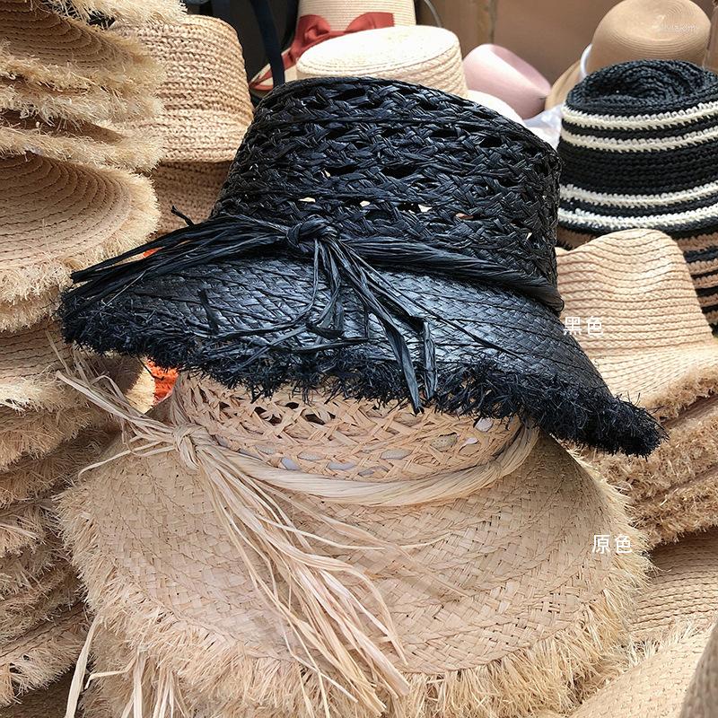 

Wide Brim Hats High Quality Hollow Raffia Straw Hat Women's Fashion Sunscreen Sun Flat Top Summer Breathable, Black