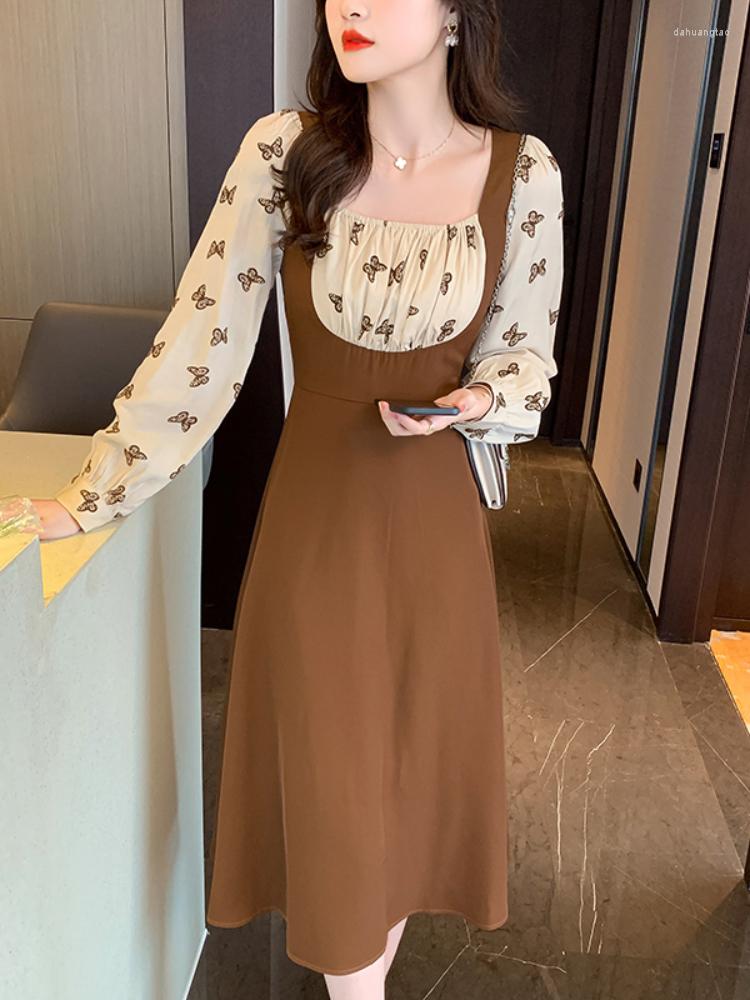 

Casual Dresses Autumn 2023 Elegant Temperament Long Skirt Retro Color Collision Fake Two Flocked Butterfly High-end Dress Woman Vintage, Picture color