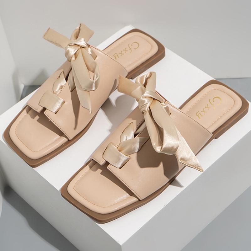 

Slippers Summer Sandals Women Flip Flops Silk Bowknot Flat Ladies Shoes Female Square Head Luxury Sandalias Mujer Hh47, Beige