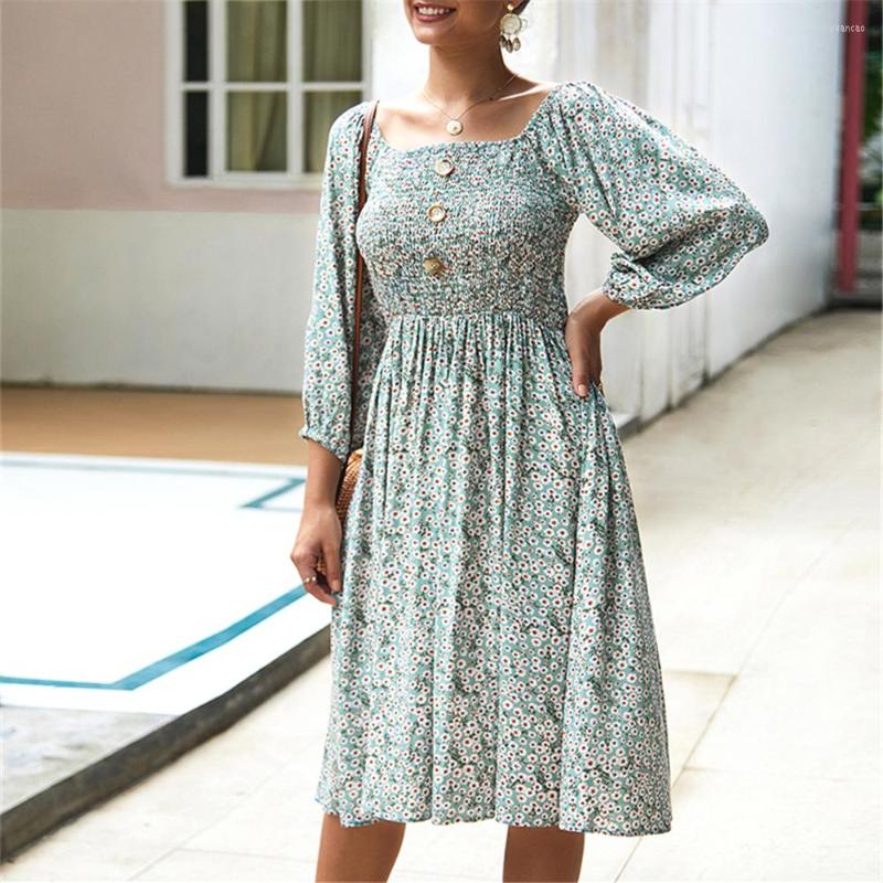 

Casual Dresses 2023 Spring Summer Elegant Small Floral Women Button Square Collar Backless Full Lantern Sleeve A-Line Midi Dress, Green