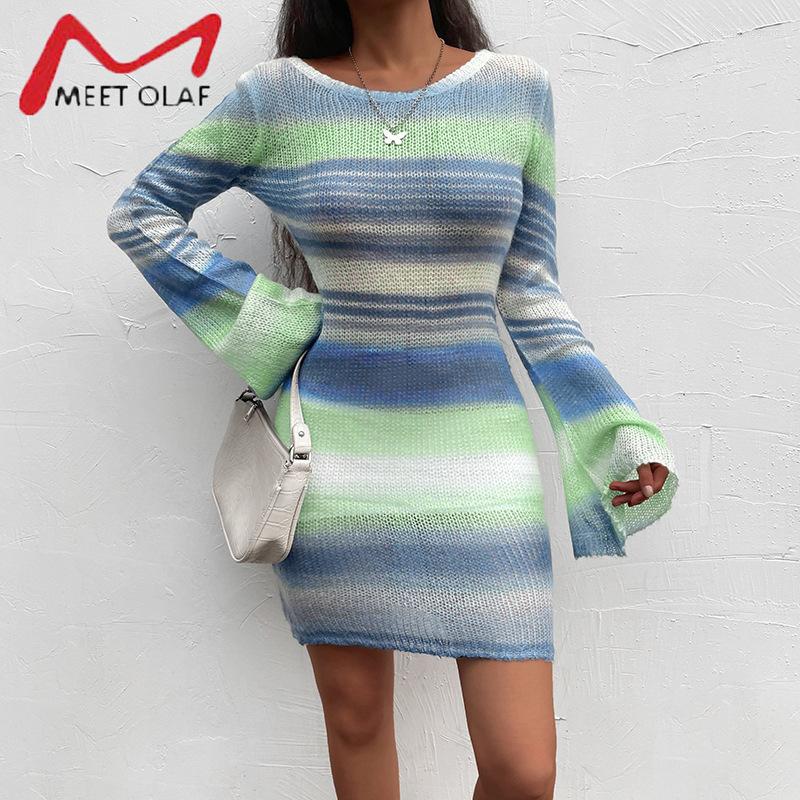 

Casual Dresses Spring Tie Dye Mini Knitted Sweater Dress Women Long Sleeve Summer Outfits Sexy Backless Beach Bodycon Clothing, Blue