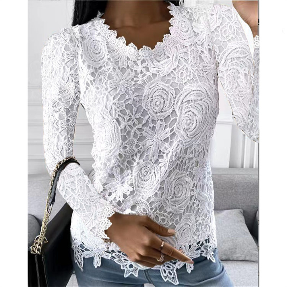 

Women' Blouses Shirts Autumn Fashion Blouse Tops Women Long Sleeve Lace Patchwork Blouse Ladies Casual Sexy V-Neck Solid Color Street Shirt 230203, Blue