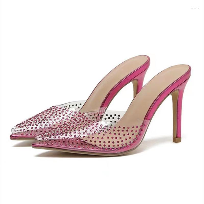 

Sandals Summer Clear Upper Diamonds Heels Shoes Casual Slides Slip-on Comfortable For Ladies Pointy Toe Slipper, Pink