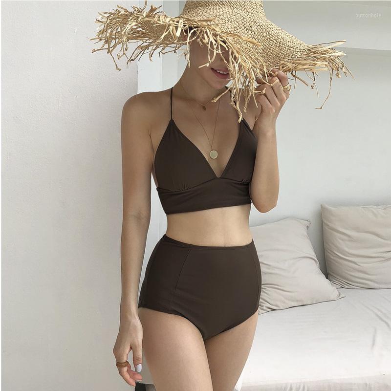

Women's Swimwear Solid Color Lace-Up Bikini Sets Women High Waist Two Pieces Swimsuits 2023 Girl Sexy Bathing Suits, Auburn