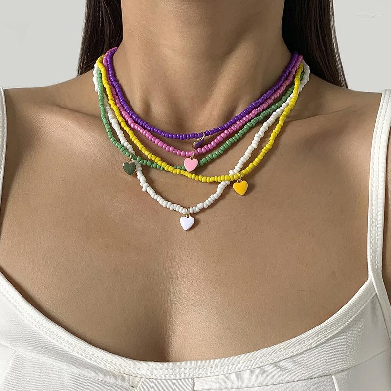 

Chains GSOLD Beaded Choker Necklace For Women Fashion Bohemian Colorful Strand Short Collar Enamel Love Beach Party Jewelry