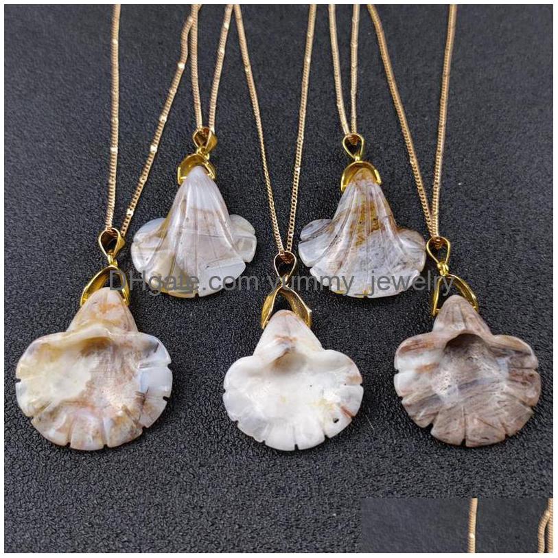 

Pendant Necklaces Wholesale 3Pcs/Lots Natural Mexican Bamboo Leaf Agates Handmade Flower Morning Glory Jade Lucky Necklace Without D Dhqhf