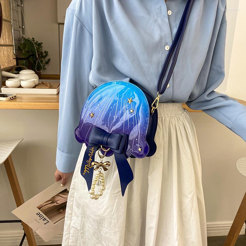 

Evening Bags Creative Jellyfish Shaped Bow Women Shoulder Bag Fashion Gradient Rivet Crossbody For Designer PU Leather Purse, Blue