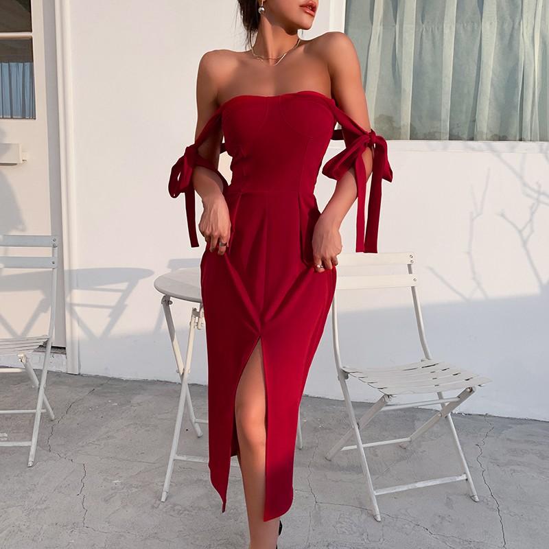 

Casual Dresses Women Dress 2023 Summer Sexy Strapless Strap Red Strappy Split Black Off Shoulder Bandage